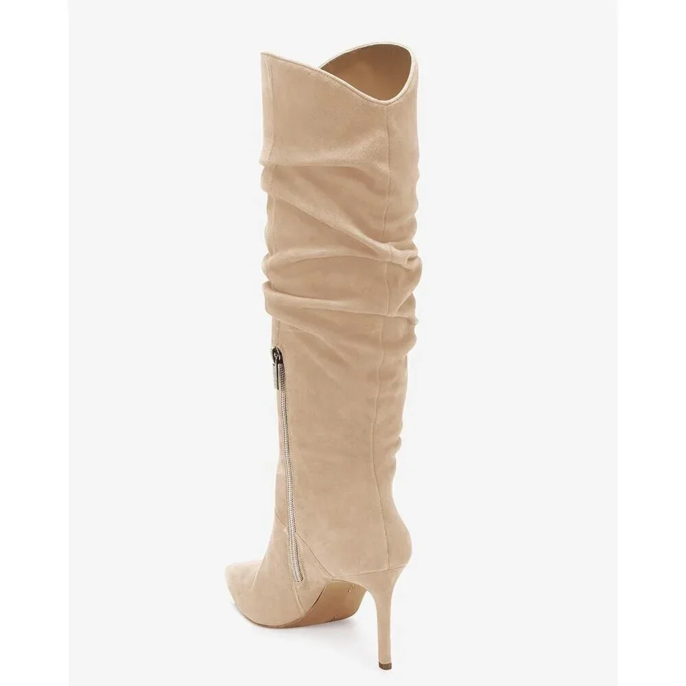 🆕Womens Light Khaki Knee High Almond Toe Side Zipper Stiletto Heel Booties